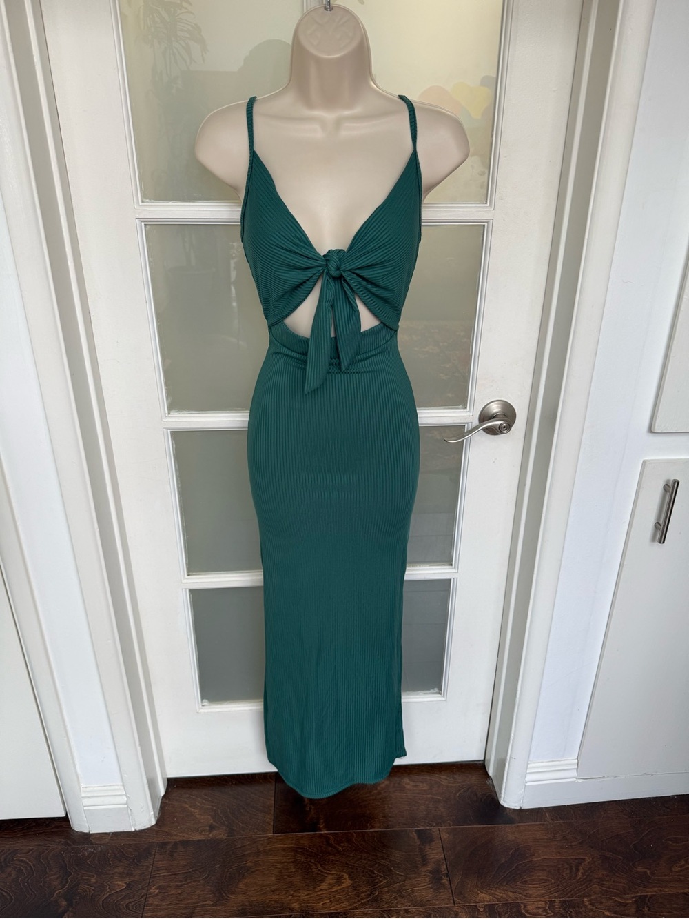 Tie-Front Emerald Green Ribbed Maxi Dress - Women